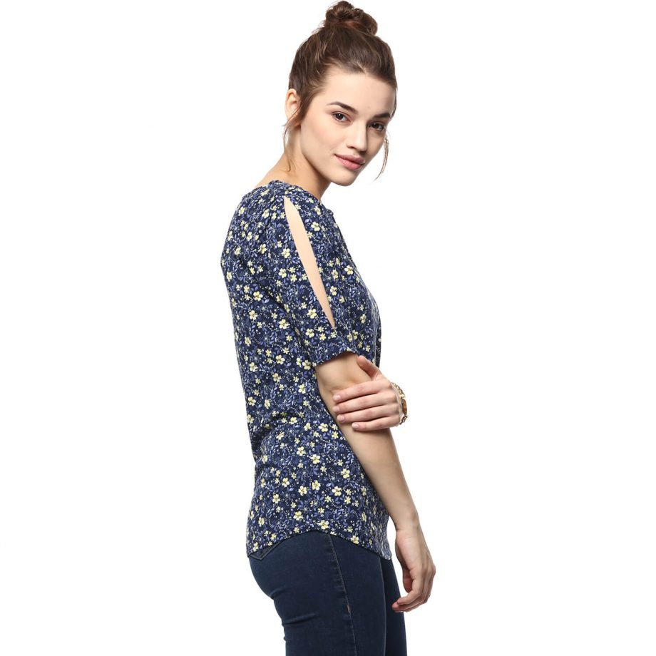 Buy Floral Print Blue Top With Back Bow
