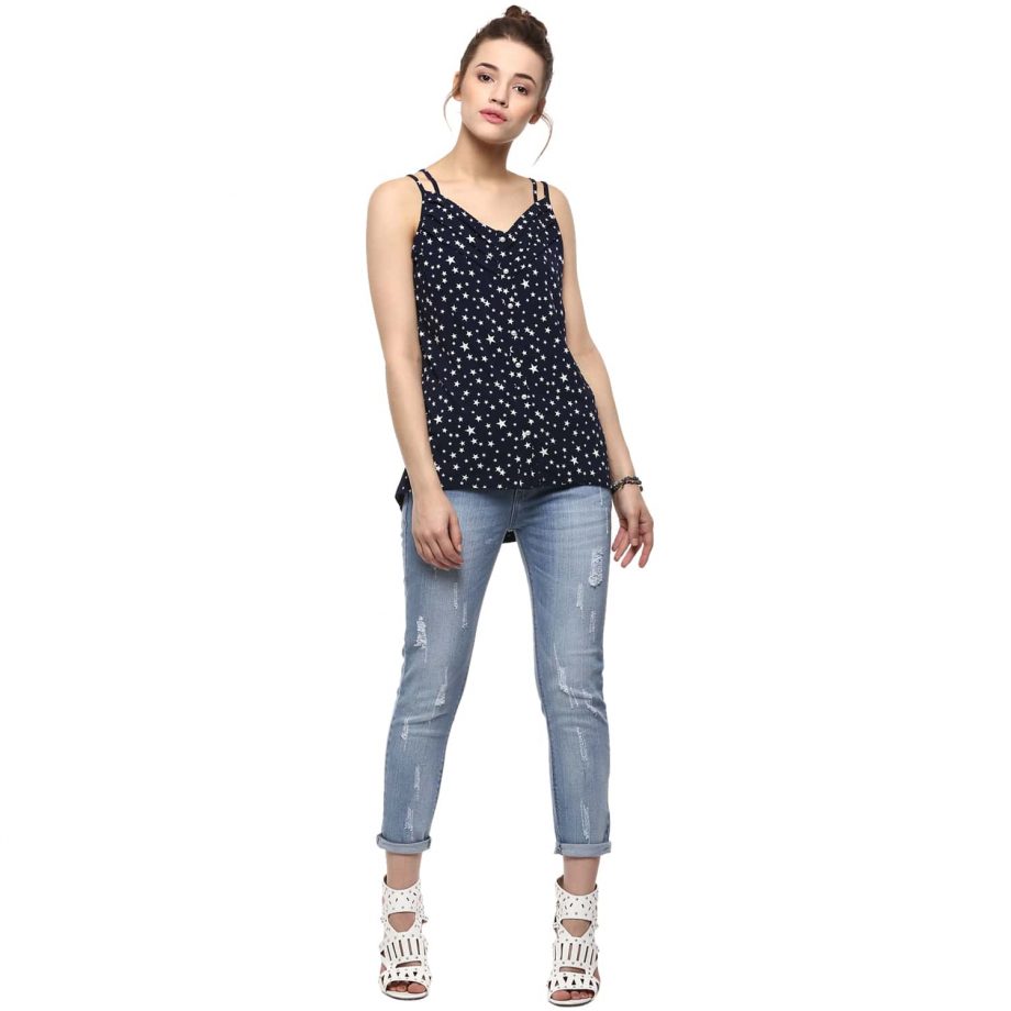 Buy Front Pleat Star Print Cami Navy Blue Top