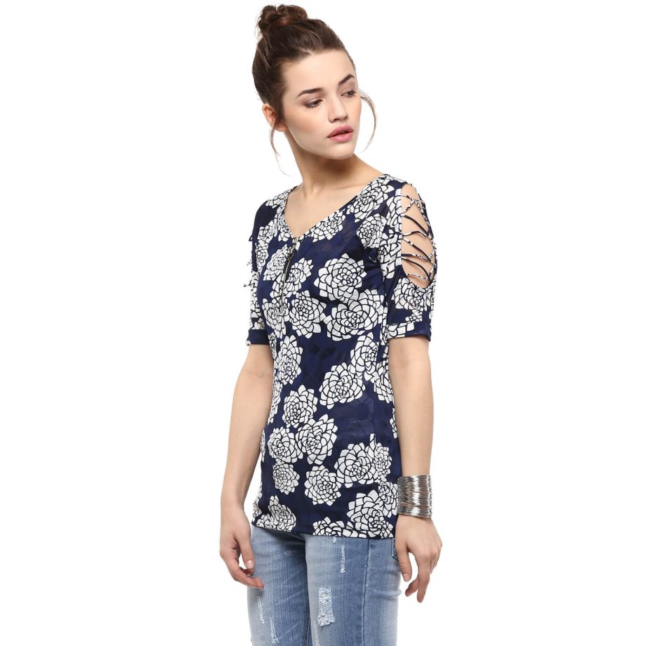 Buy Sleeve Cutout Navy Blue Top at Best Price