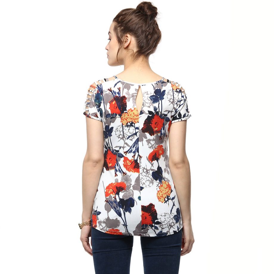 Buy Affordable Floral V Neck Sleeve Cut Out Top Red Color