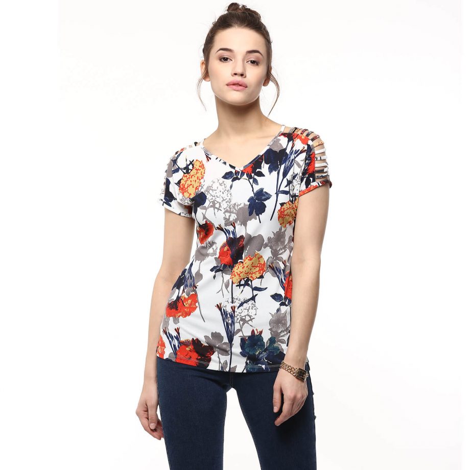 Buy Floral V Neck Sleeve Cut Out Top at Best Price