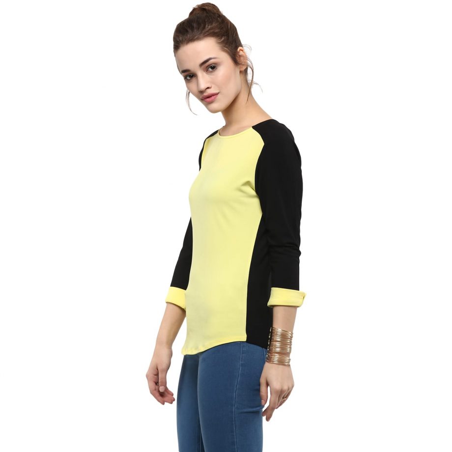 Buy Yellow Color Block Top With 3/4 Sleeves