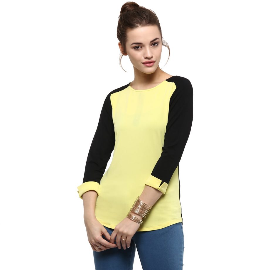 Buy Yellow Block Top With 3/4 Sleeves