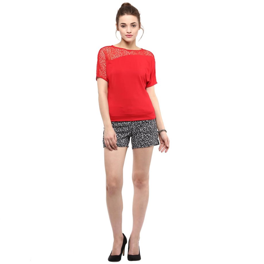 Buy Red Asymmetrical Lace Panel Top