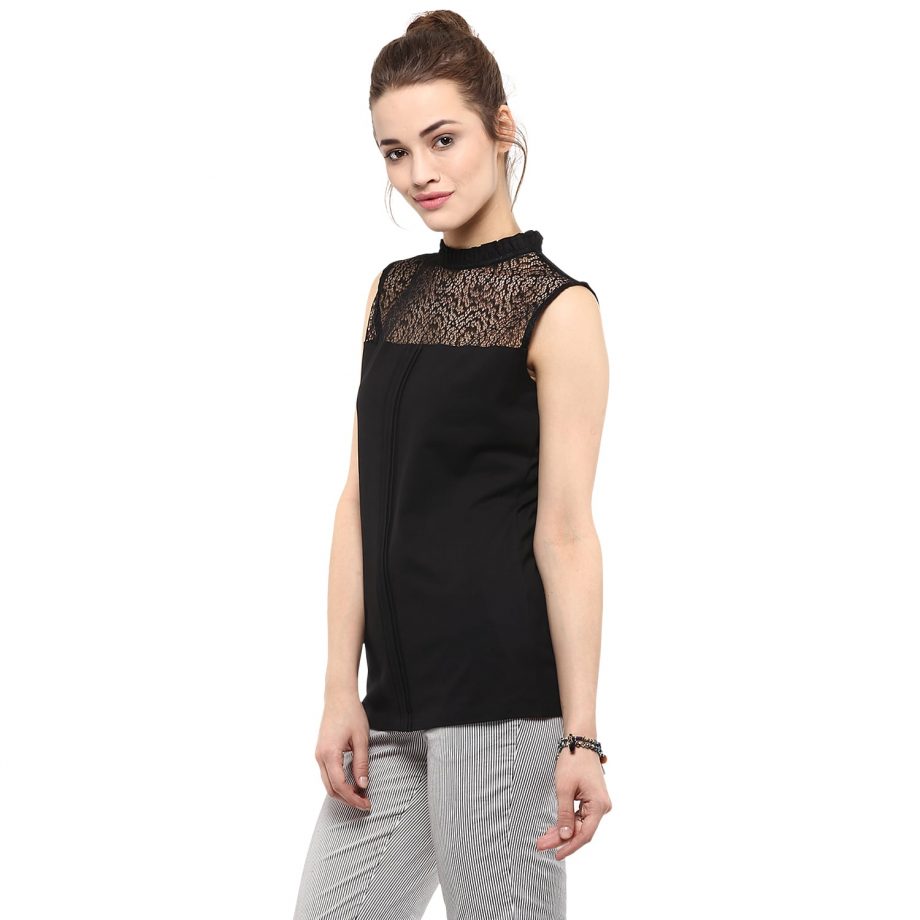 Buy Affordable Sleeve Less Neck Ruffle Black Top