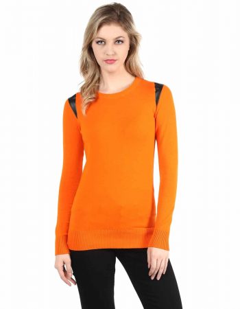 Buy Affordable Orange Leather Shoulder Patch Sweater
