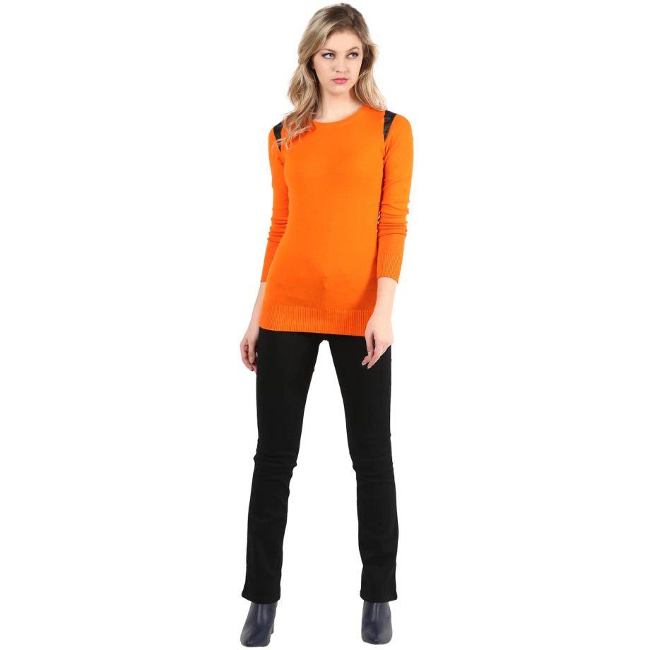 Buy Orange Leather Shoulder Patch Sweater Online