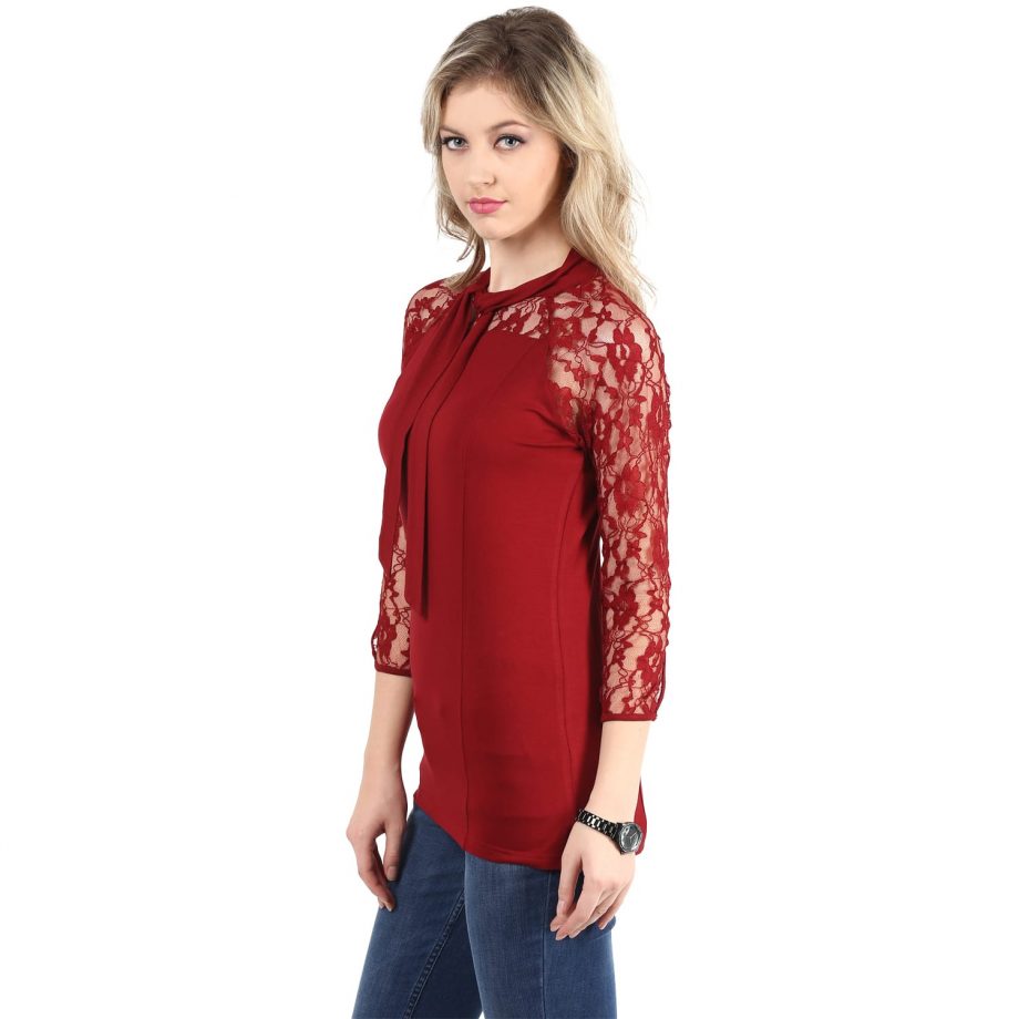 Red color lace top with necktie online in India