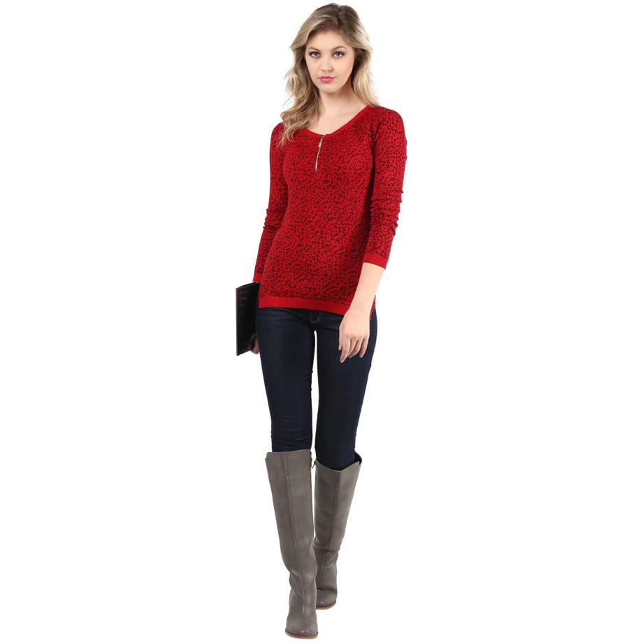 Shop Red Animal Print Front Zipper Sweater