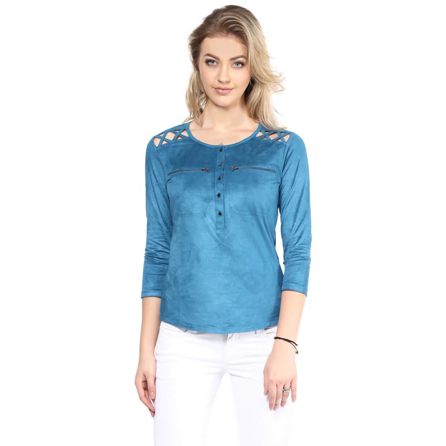 Blue Suede Front Button Up Top at Affordable Price