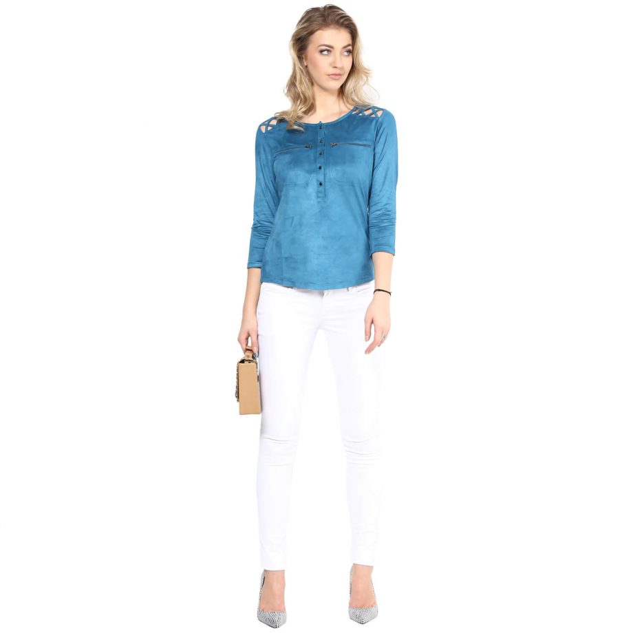 Buy Blue Suede Front Button Up Top
