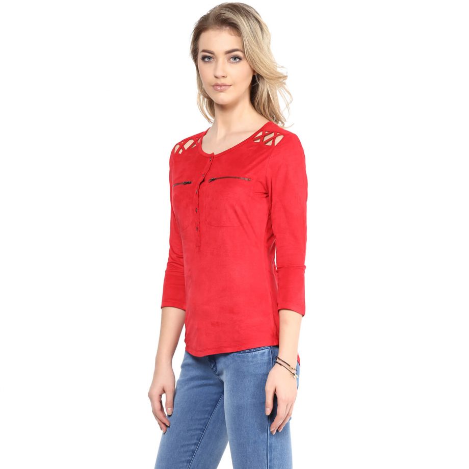 Shop Red Suede Front Button Top