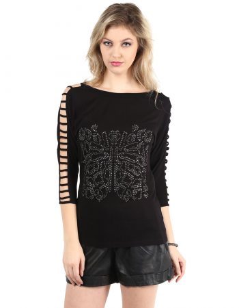 Buy Black Sleeve Cut-Out Front Embellishment Top