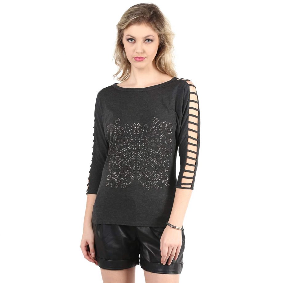 Buy Grey Sleeve Cut-Out Front Embellishment Top