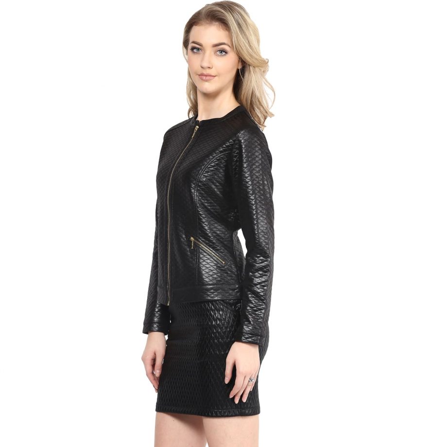 Black color leather women jacket online in India