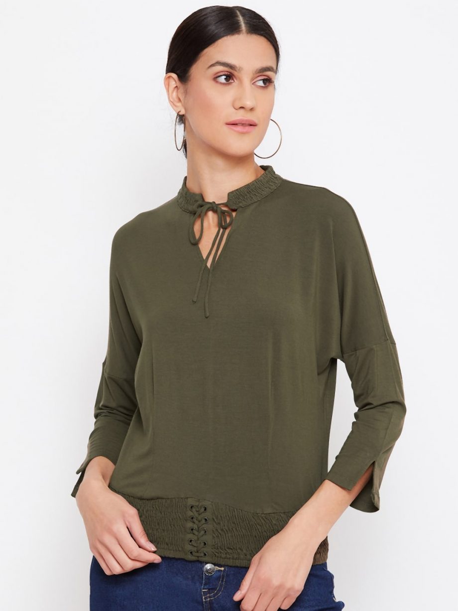 Buy Vortex Dolman Top With Smocking In Military Green Color