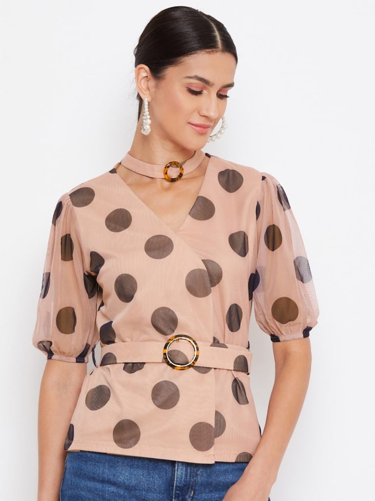 Choker Neck With Rings Polka TAN Color Top