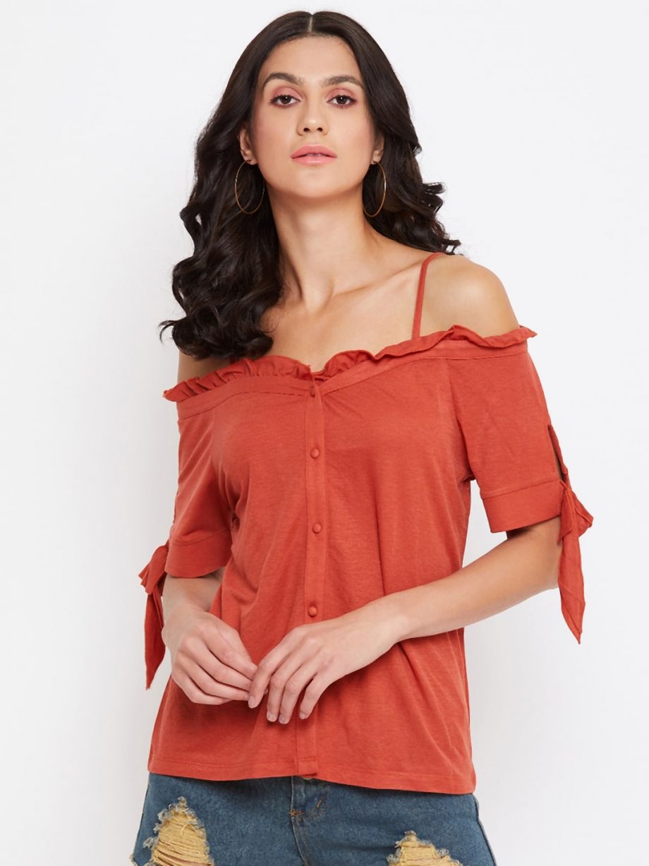 Ruffle Rust Color Bardot Top at Affordable Price