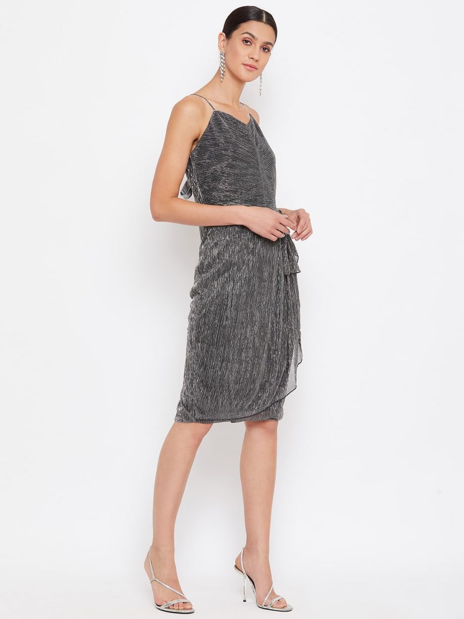 Buy Pleated Medium Length Silver Cami Dress