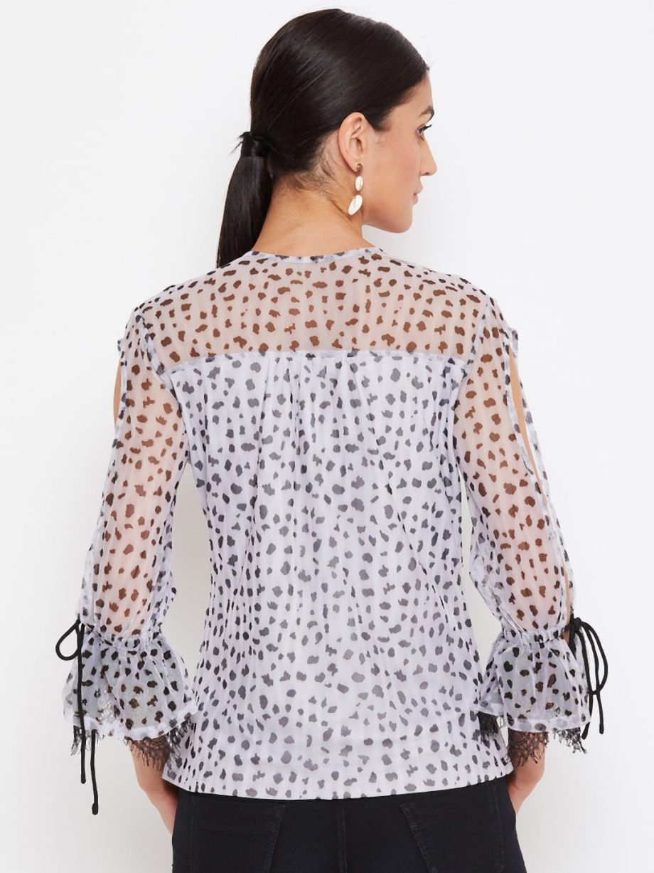 Affordable Grey Color Animal Print  Scalloped Cold Sleeve Top for Women