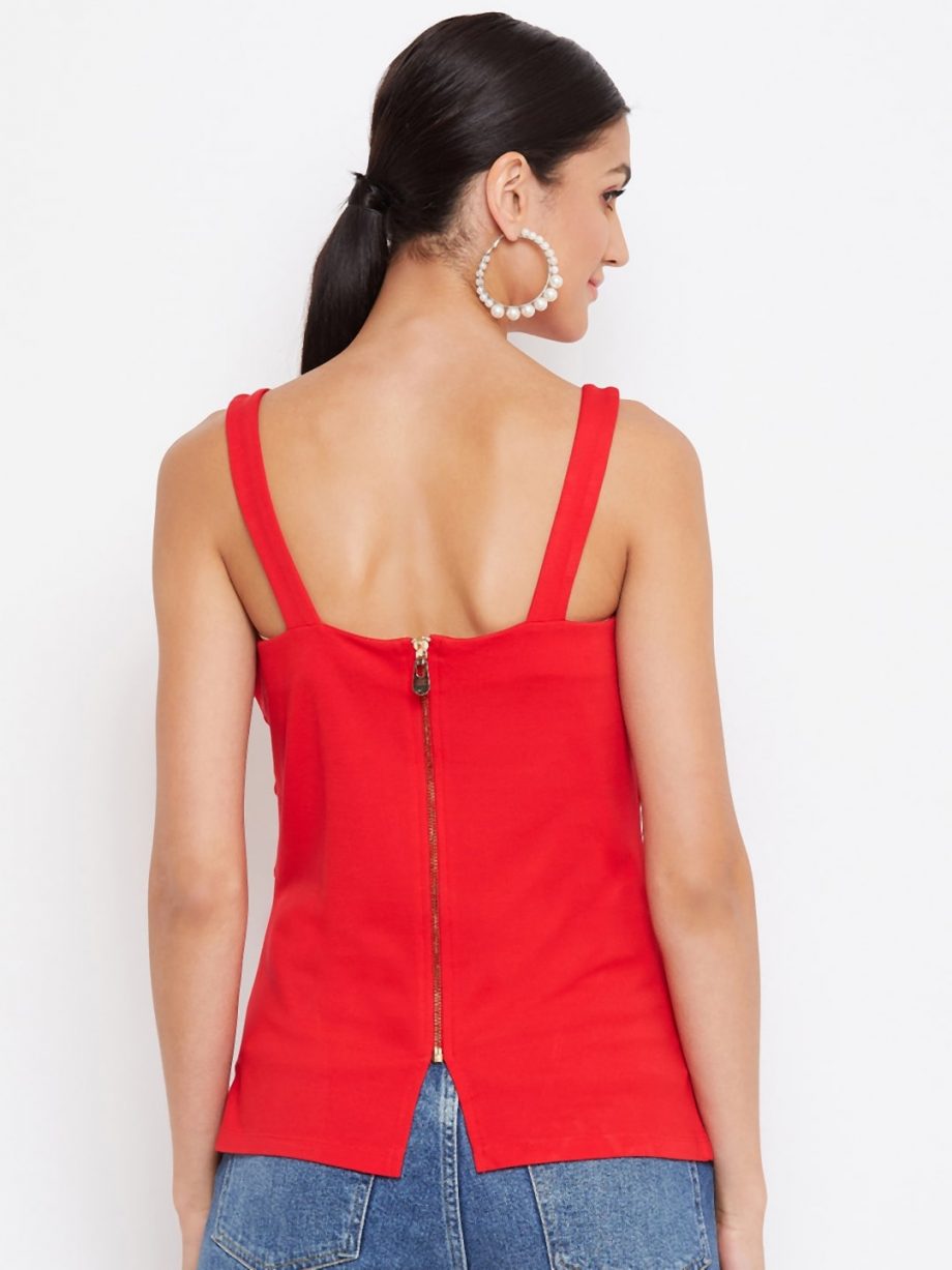 Affordable red color tonal buckle cami for women