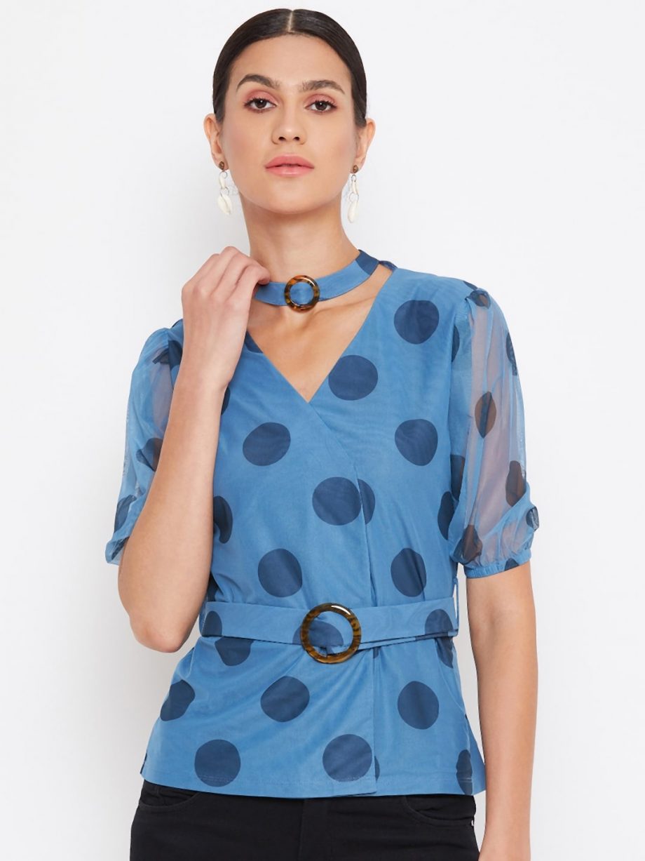 Blue Color Choker Neck Polka Top With Rings