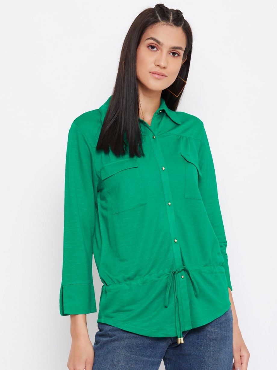 Buy Knitted Rayon Front Pocket Green Top