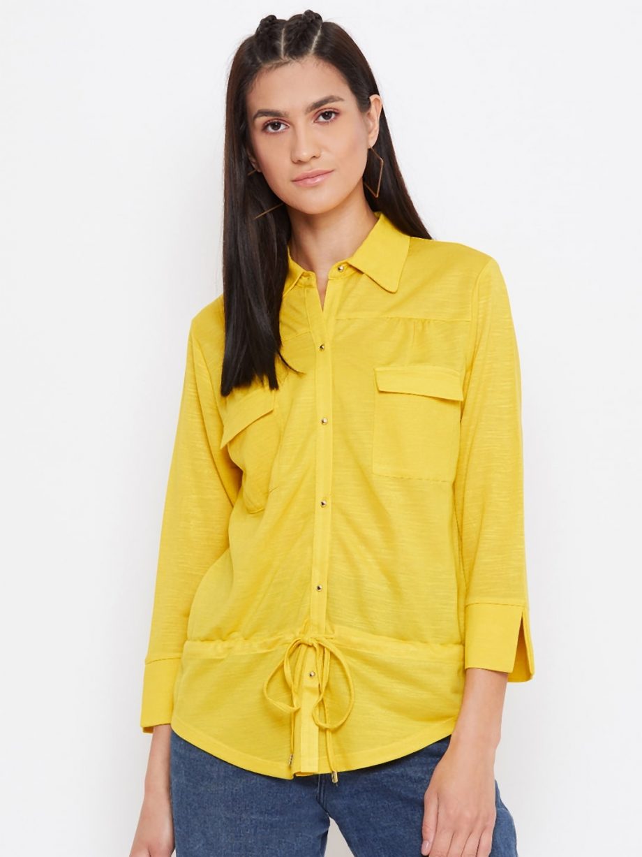 Buy Knitted Rayon Front Pocket Yellow Top