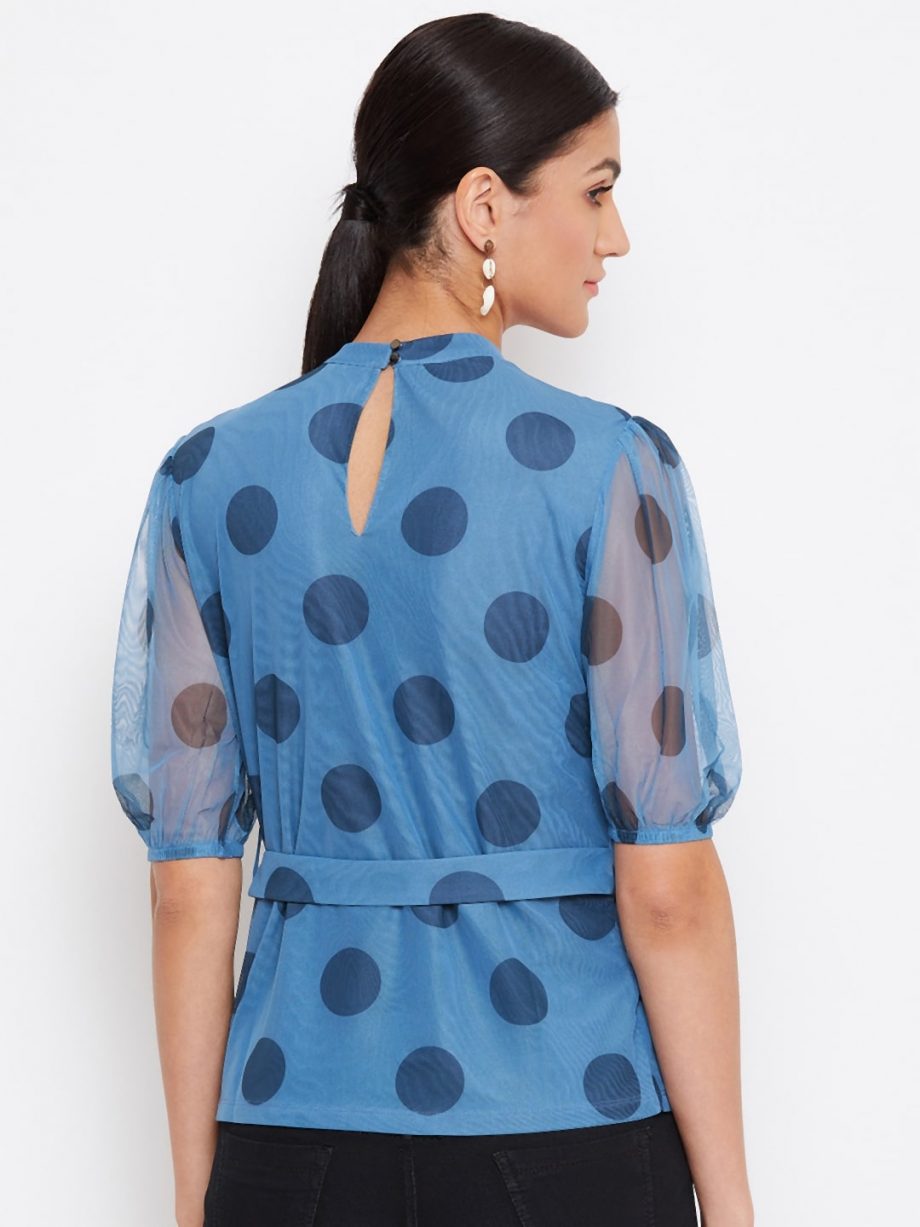 Online Blue Color Choker Neck Polka Top With Rings