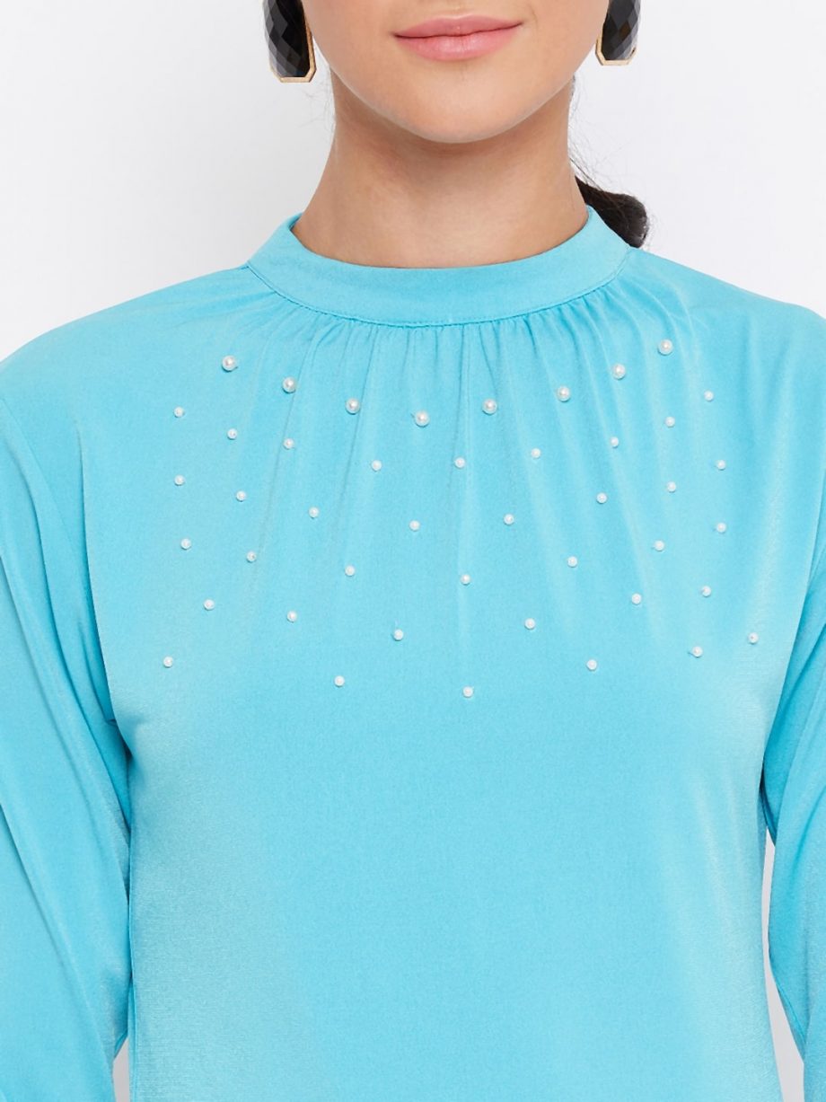Pearl Embellished Women Aqua Color Top Online In India