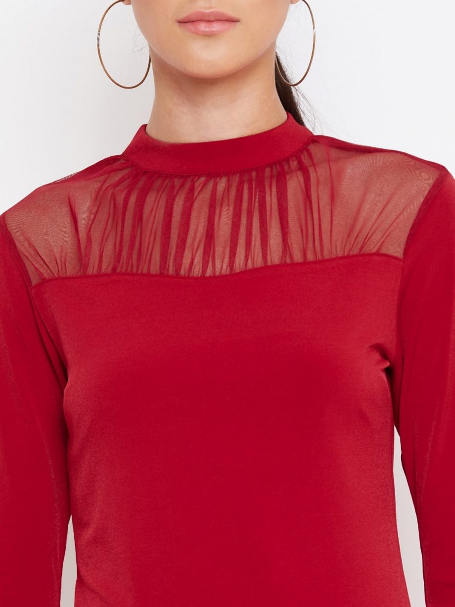 Purchase Mesh Yoke Red Top With Scallop Lace Sleeve