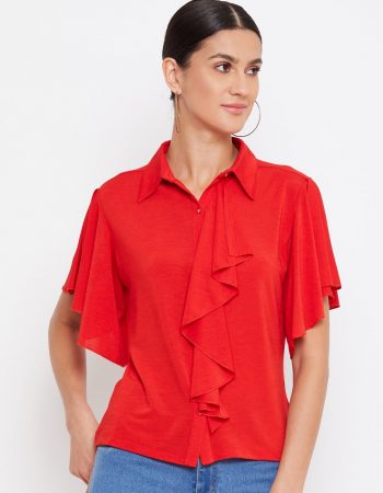 Red Color Crop Shirt With Draped Ruffles Top