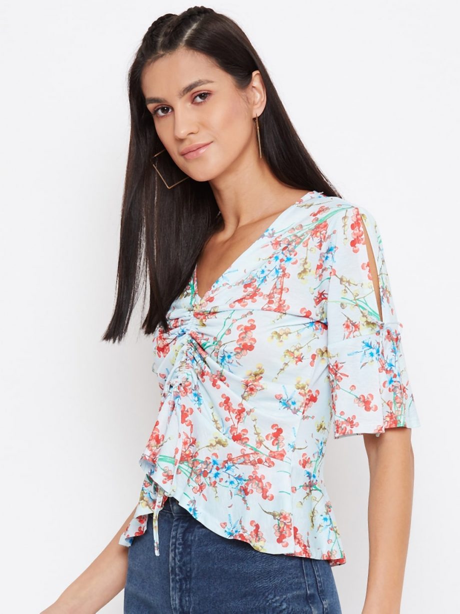 Shop Floral Print Draw Cord Baby Blue Top