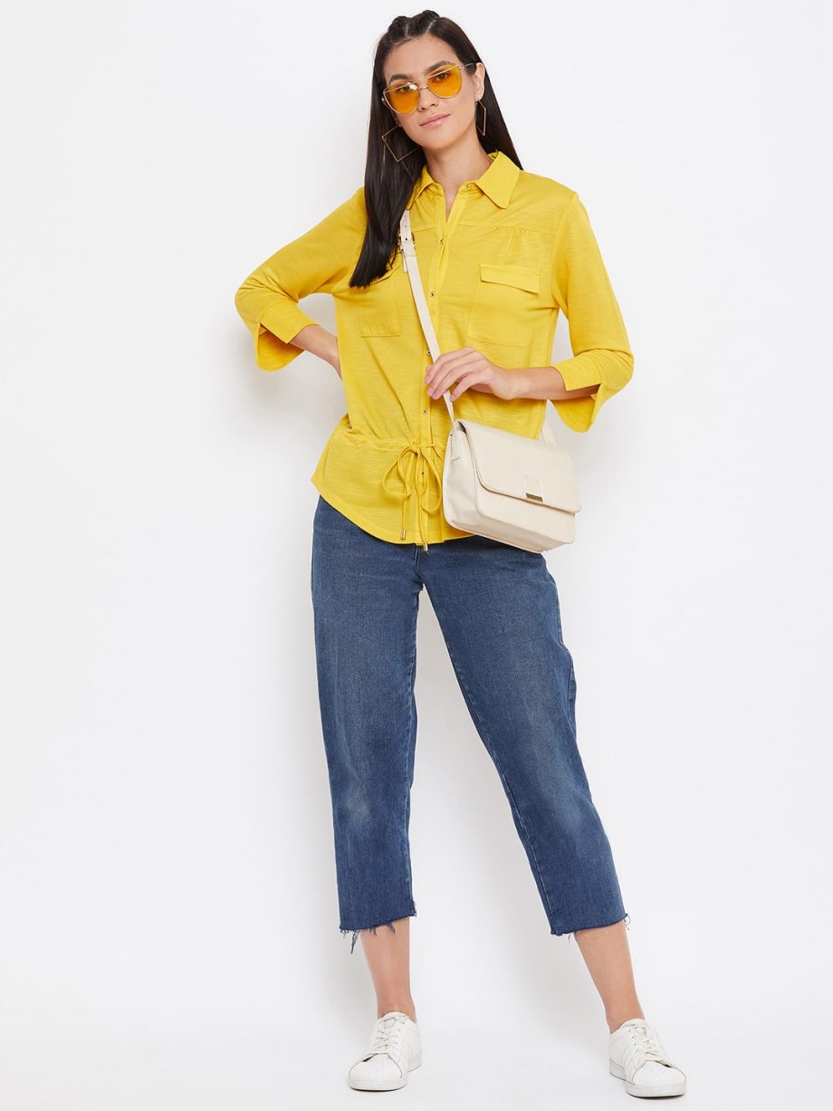 Shop Knitted Rayon Front Pocket Yellow Top-min