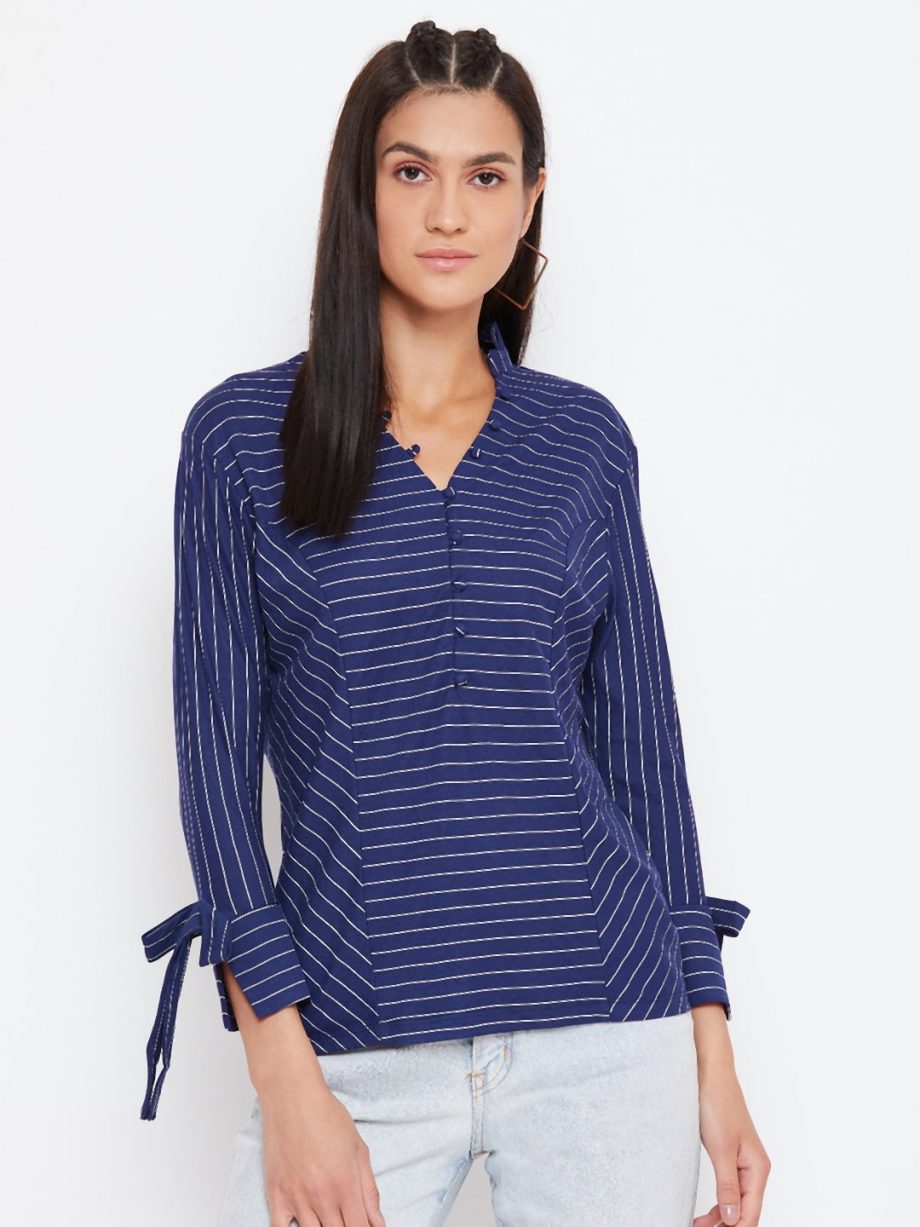 Striped Panelled Navy Blue Top