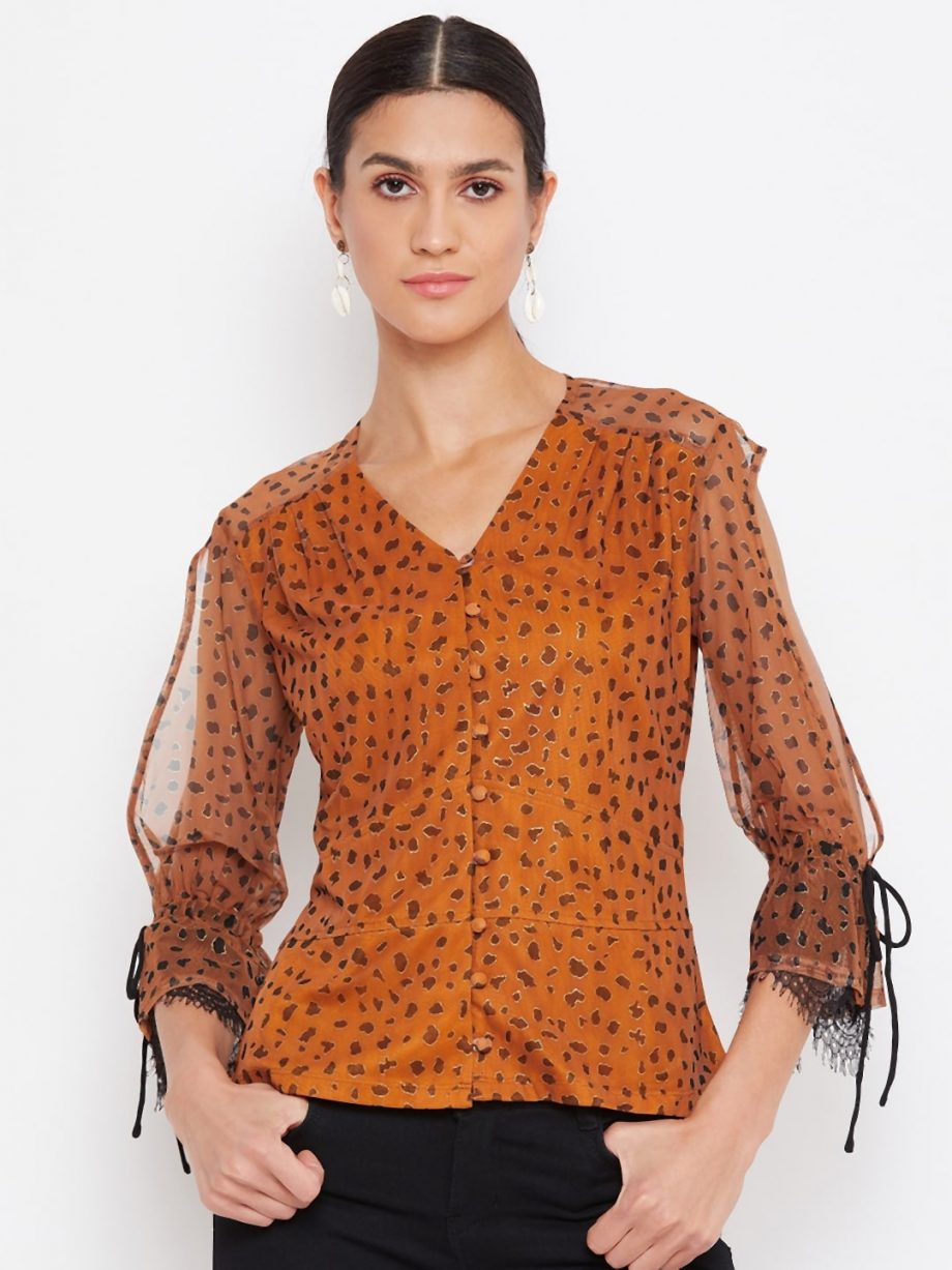 Tan Color Animal Print  Scalloped Cold Sleeve Top for Women